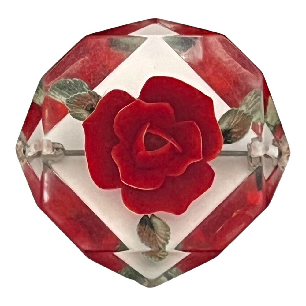 Vintage 1960s Brooch Reverse Intaglio Lucite Floral Pin - 4L